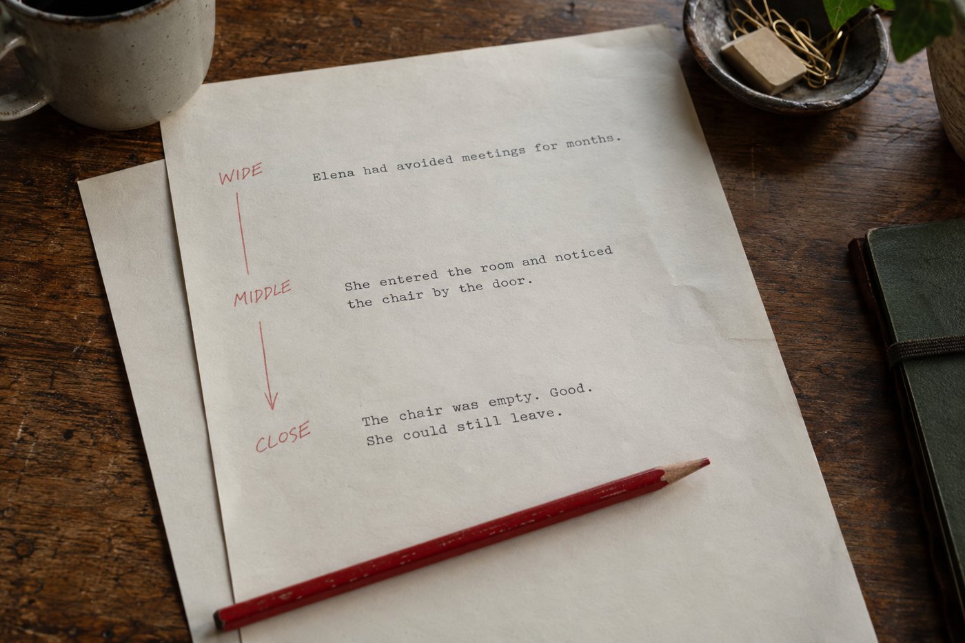 Three manuscript examples are marked wide, middle and close to compare narrative distance.