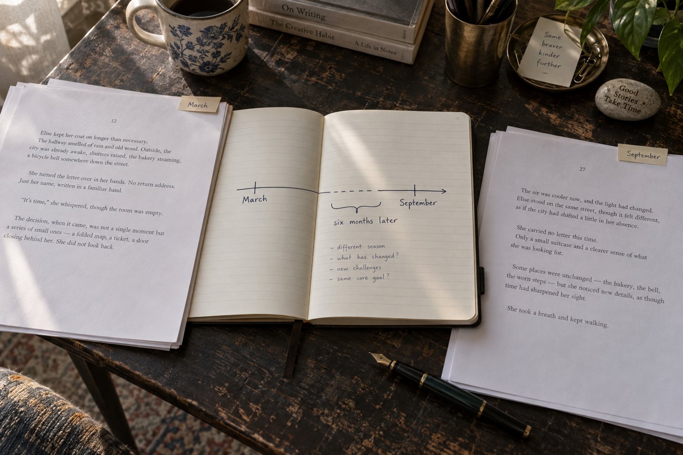 Manuscript pages and timeline notes mark a six-month jump between scenes.