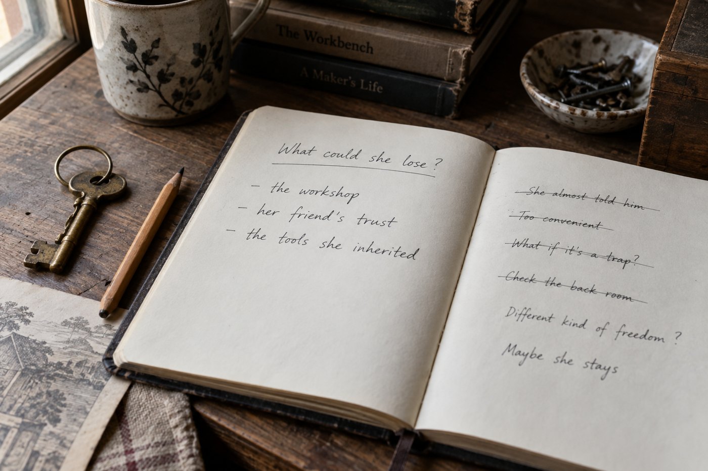 Story notes list a character’s possible losses beside a workshop key.
