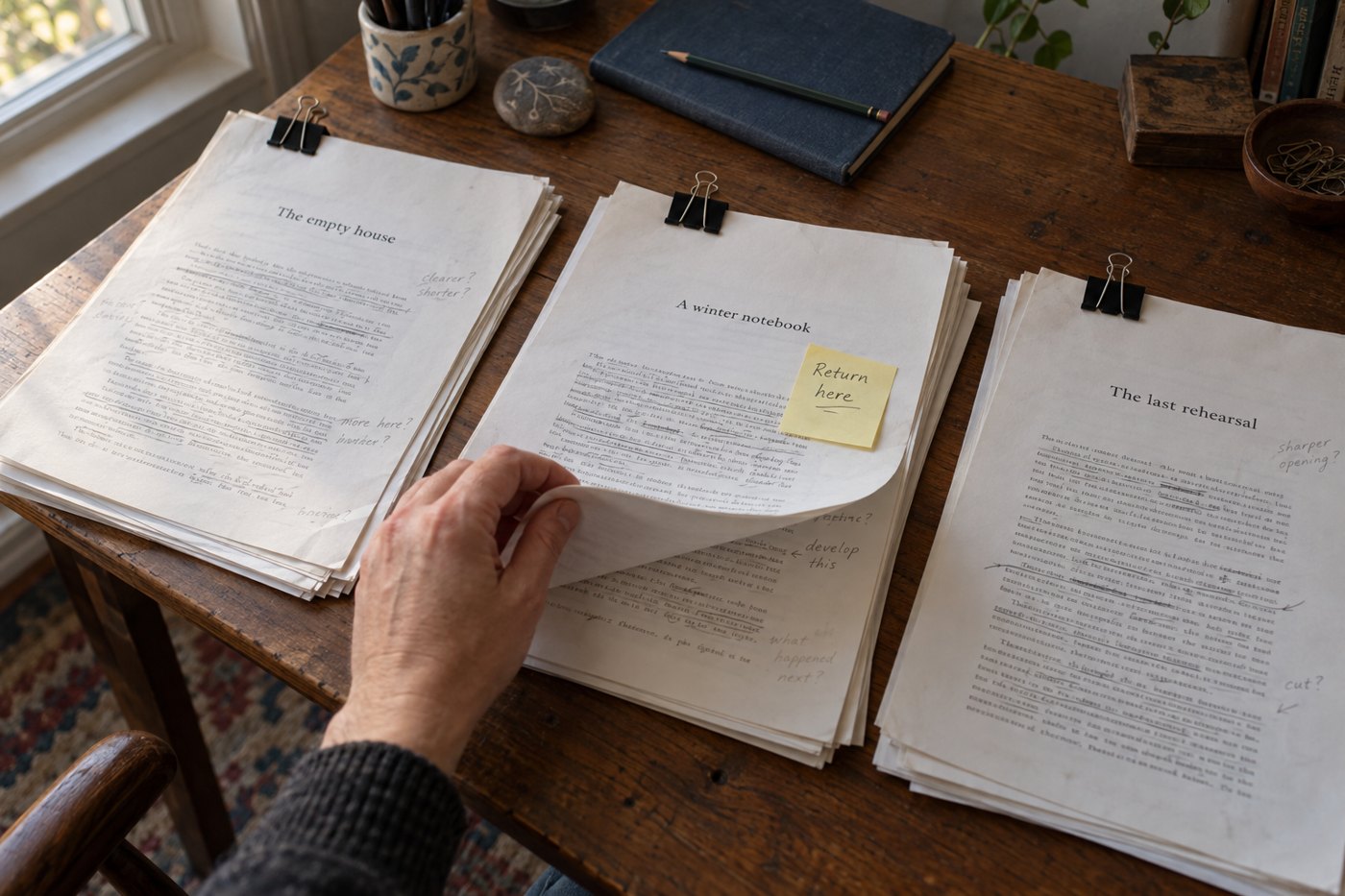 A writer compares three unfinished manuscript bundles and marks one to return to.