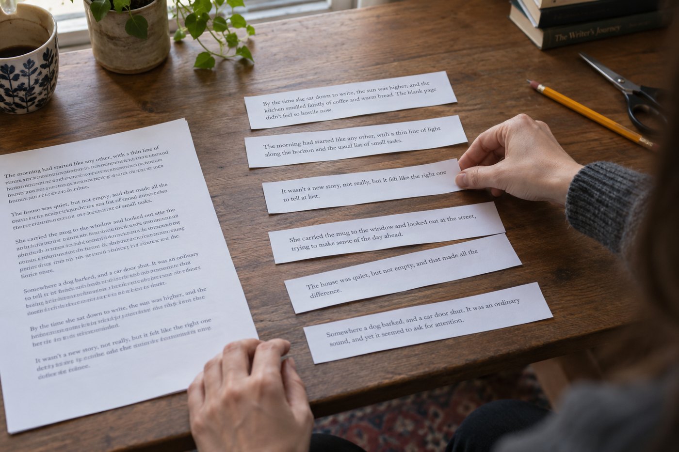 A writer rearranges separate printed paragraphs on a wooden desk.