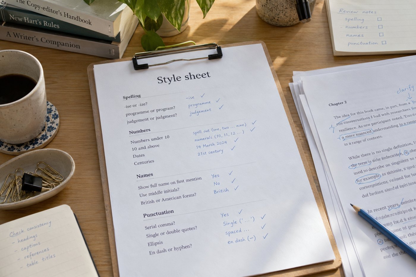An editorial style sheet records spelling, number, name and punctuation decisions beside a manuscript.