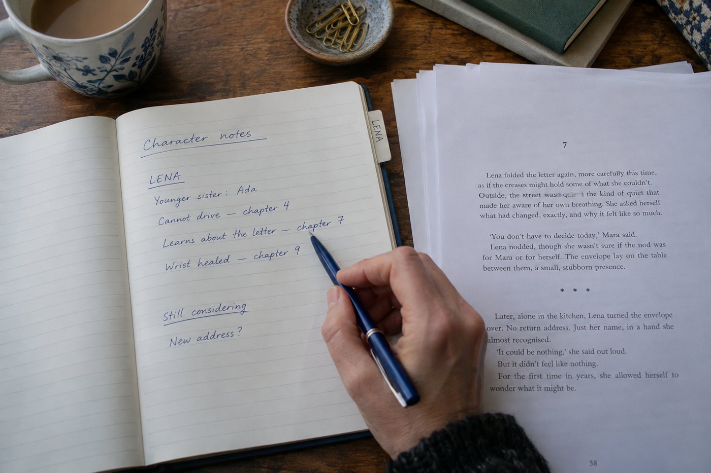 A character continuity notebook records established details, chapter references and a separate undecided idea.