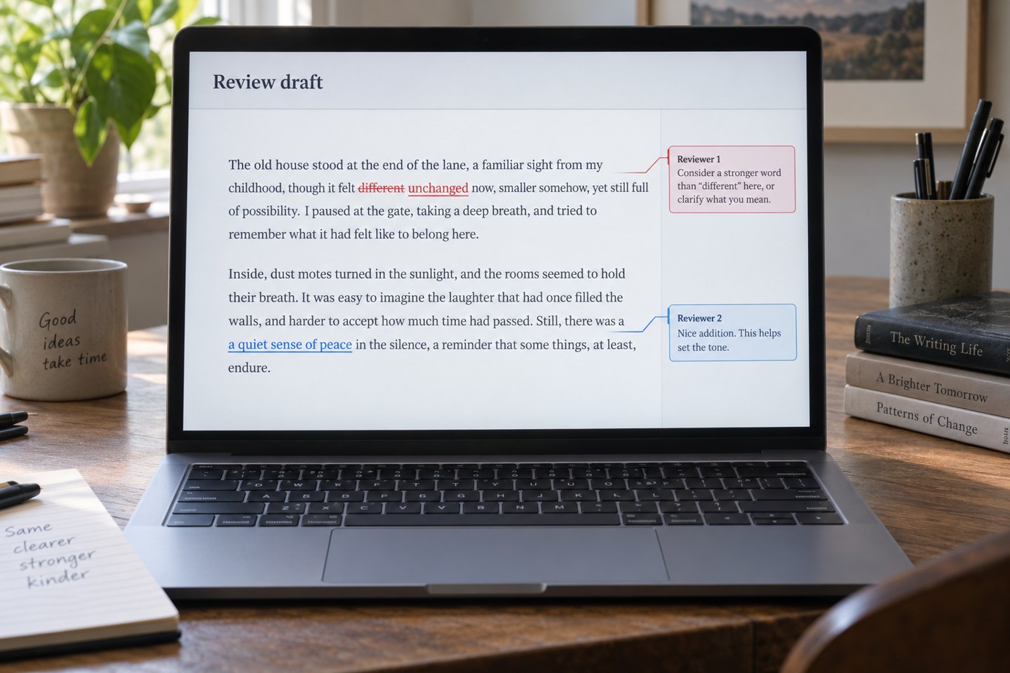 Laptop displaying coloured manuscript insertions, deletions and margin comments
