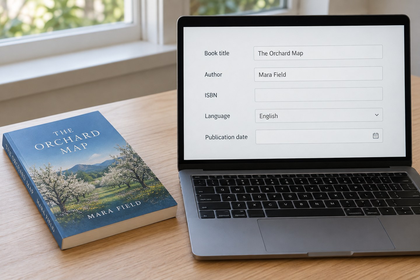Book metadata form on a laptop beside a matching paperback