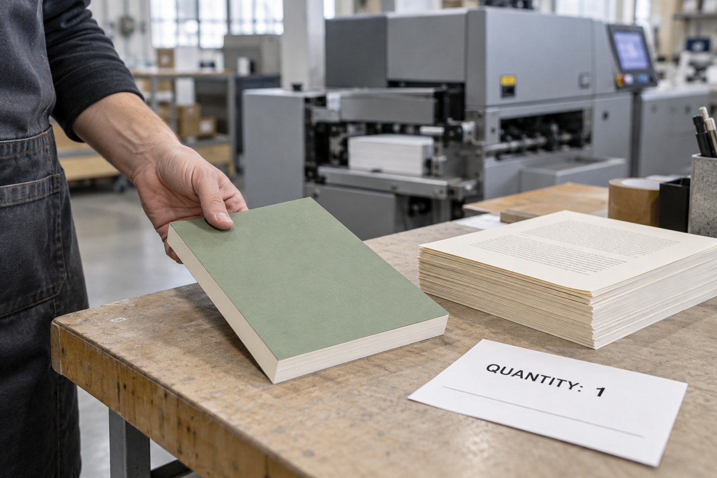 Single paperback at a digital printing station beside a quantity-one production ticket