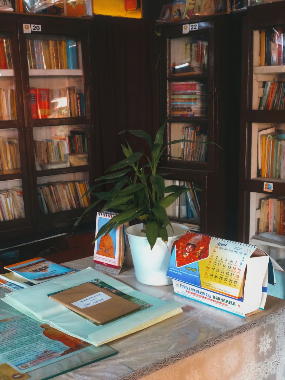 Counter and bookshelves inside an antique bookshop
