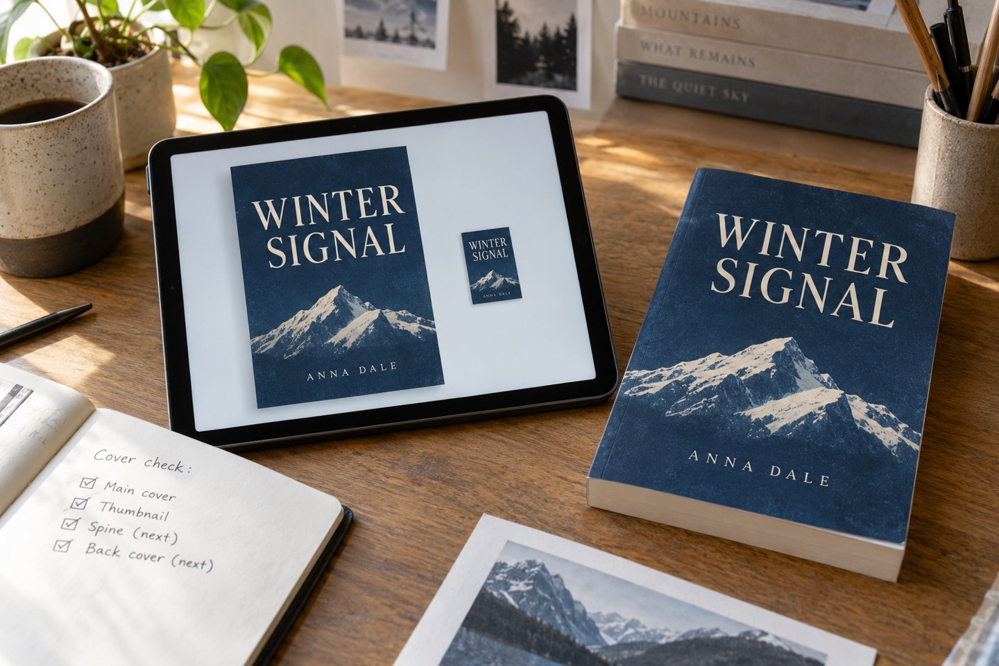 Physical book cover beside matching large and thumbnail previews on a tablet