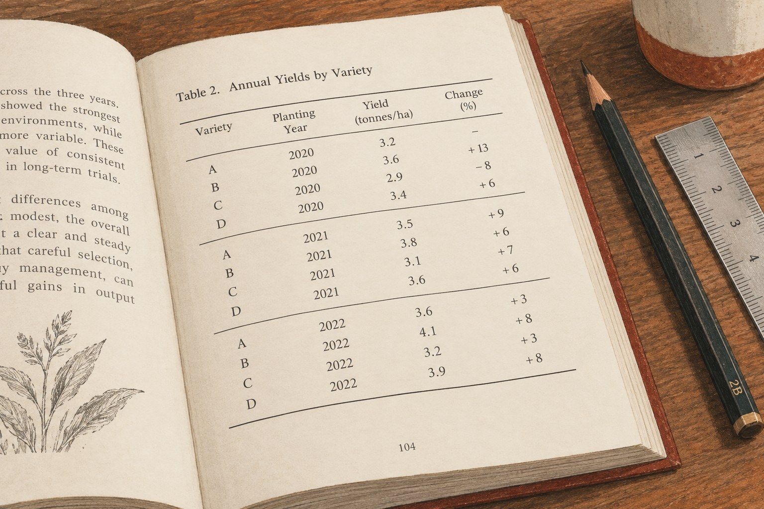 Illustration of a readable four-column table in an open book.