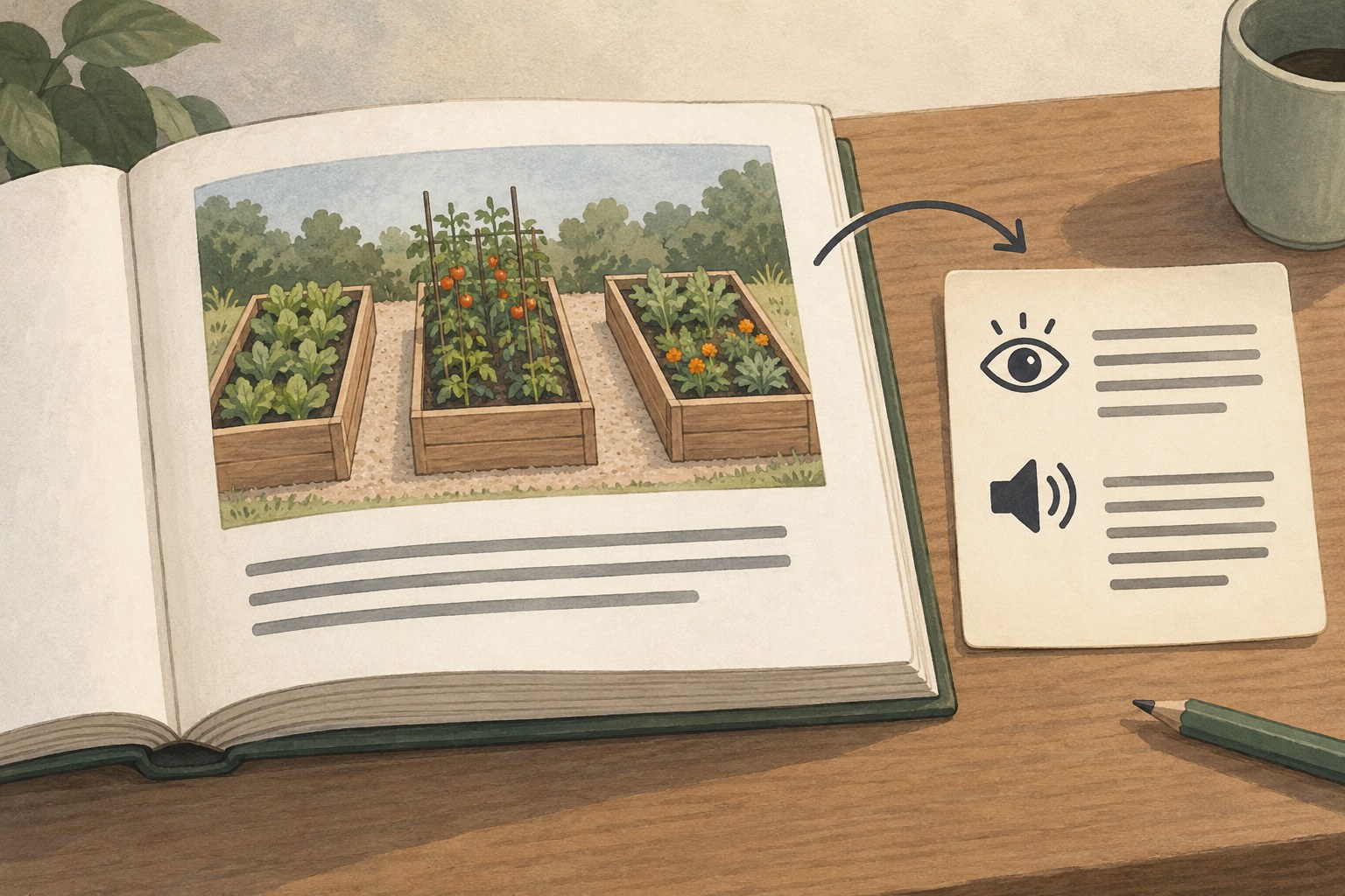 Illustration of a garden diagram paired with visual and spoken image descriptions.