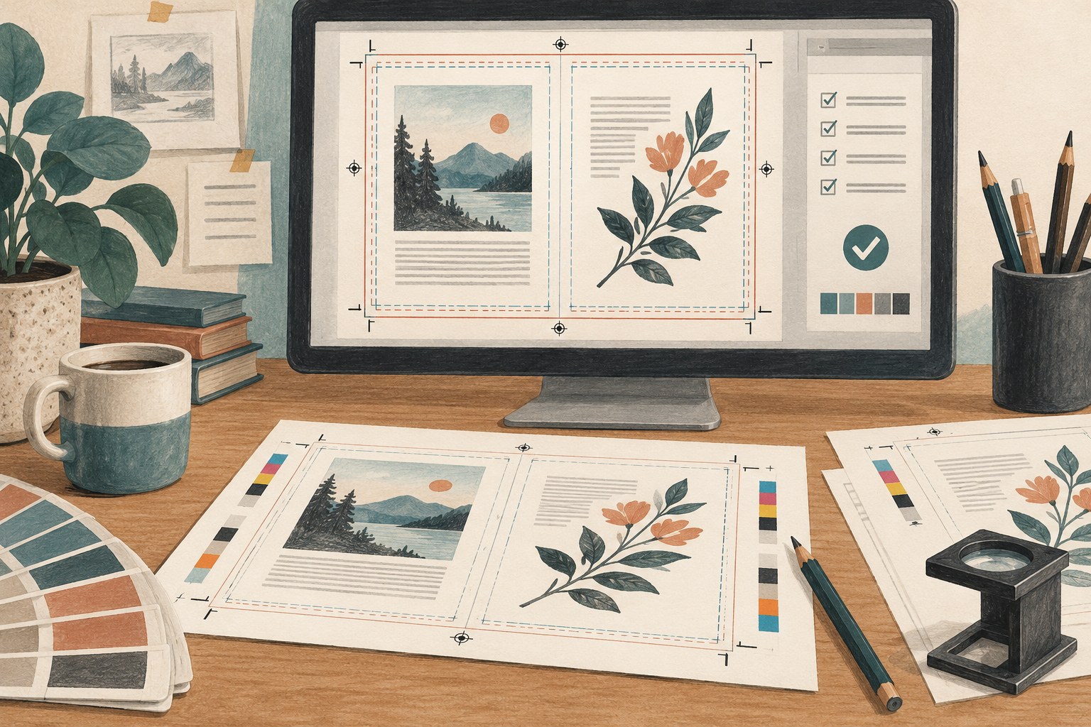 Illustration of a book PDF proof with bleed boundaries and a preflight checklist.