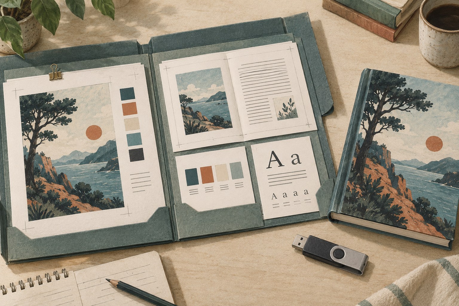 Illustration of a handover folder containing book artwork, page layouts and type specimens.