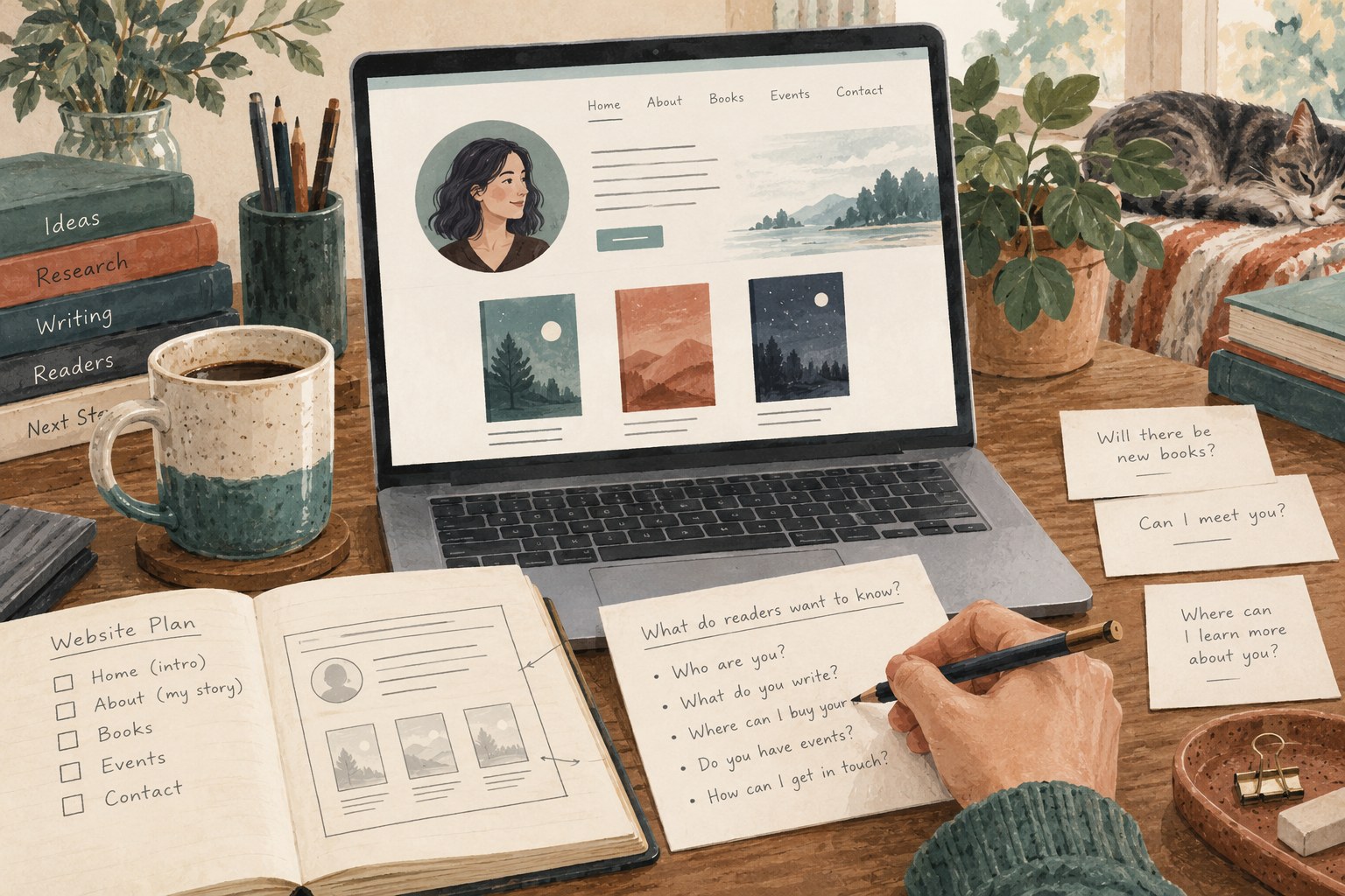 Illustration of an author website plan organised around reader questions.