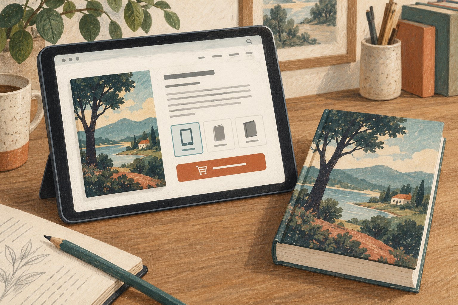 Illustration of a book webpage with its cover, description and format choices.