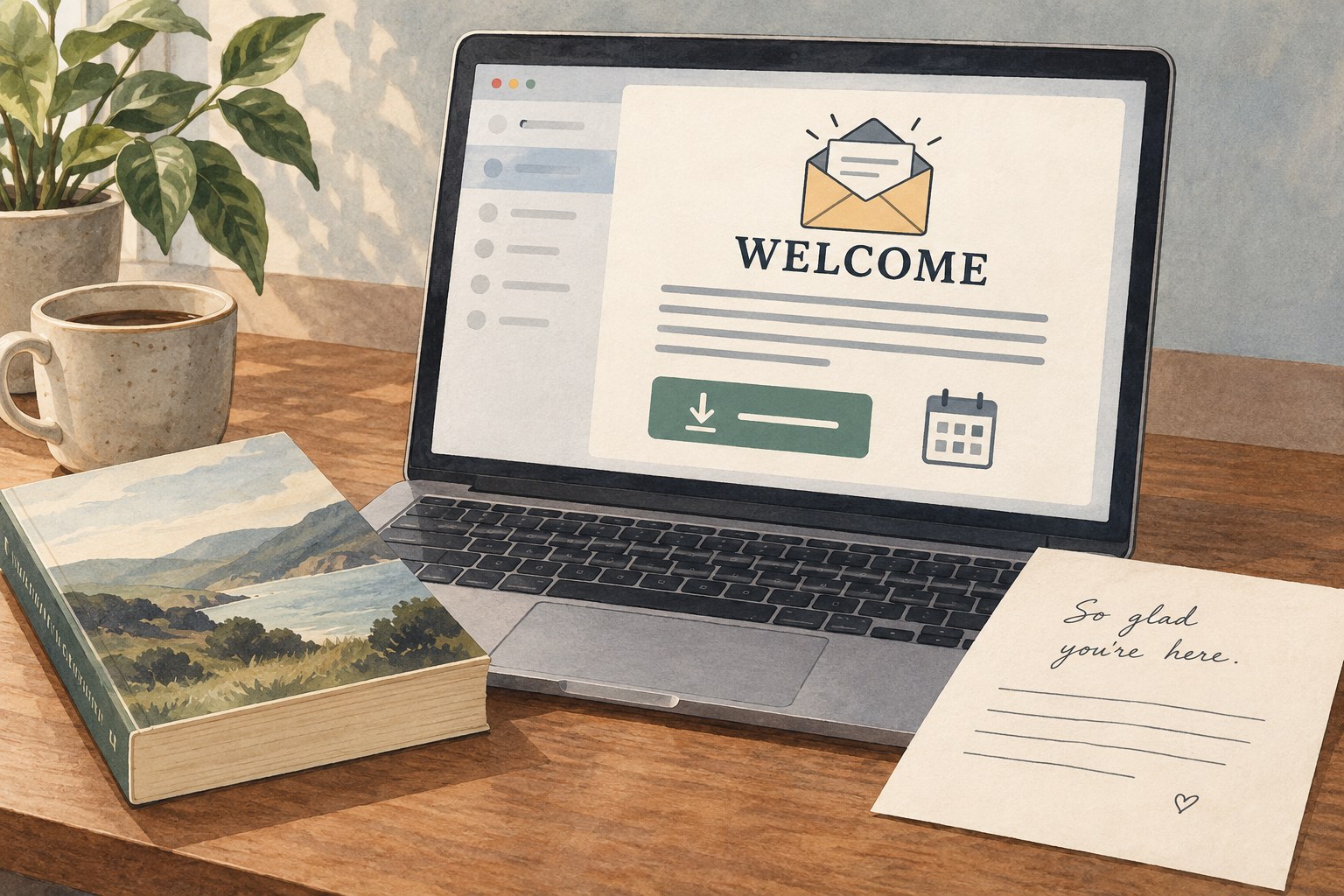 Illustration of a welcome email with a resource link and expected schedule.
