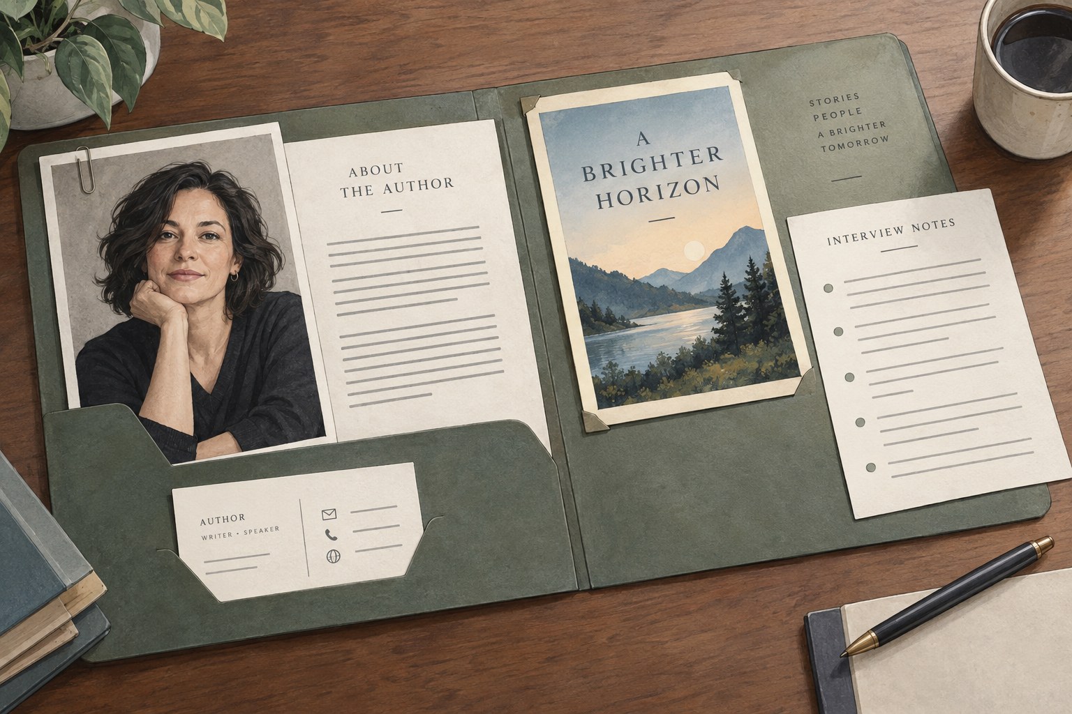 Illustration of an author press kit with biography, portrait, book cover and contact details.