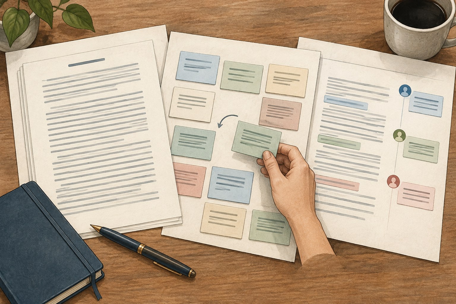 Illustration comparing a continuous manuscript, scene cards and a shared draft.