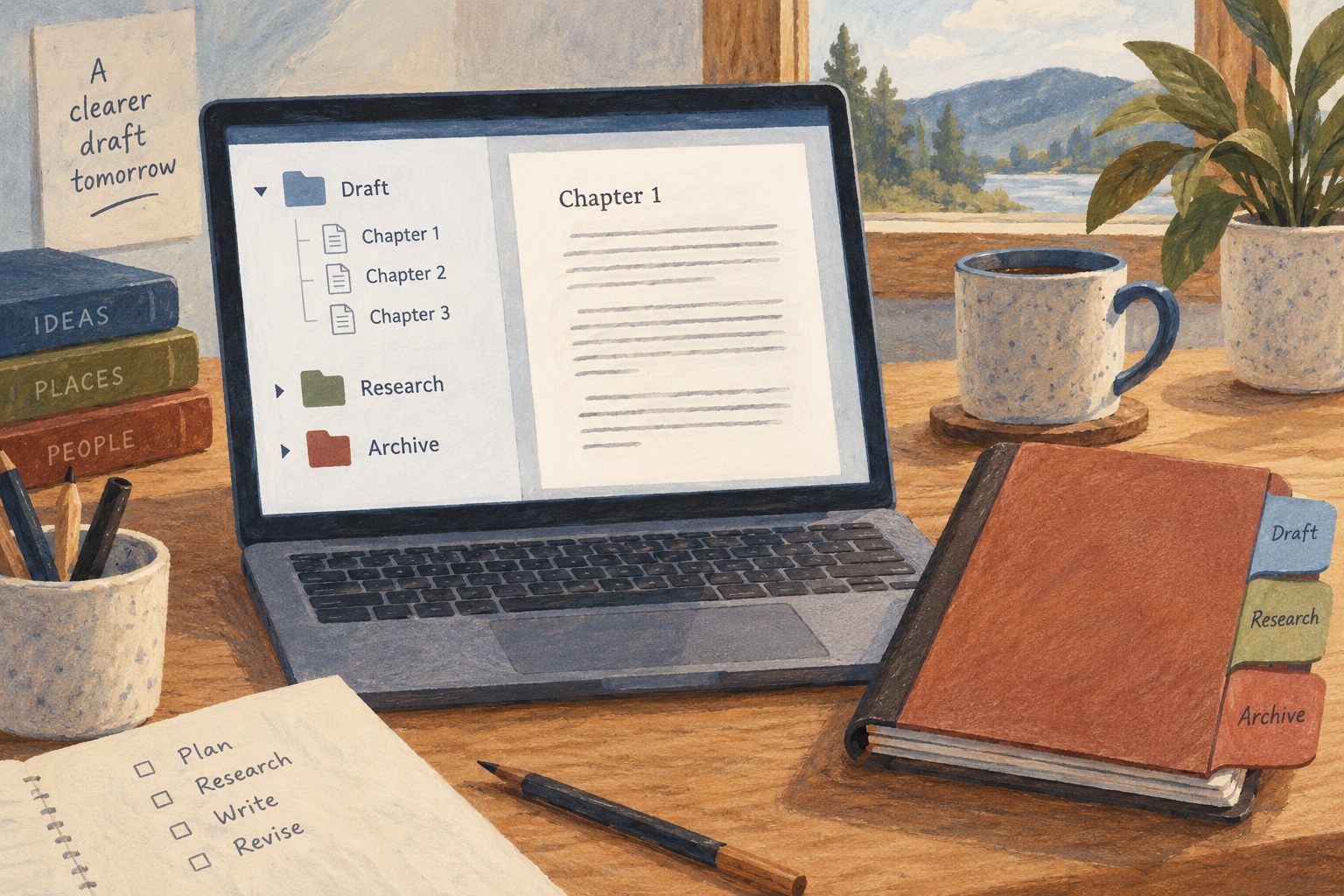 Illustration of a writing project binder organised into draft and research sections.