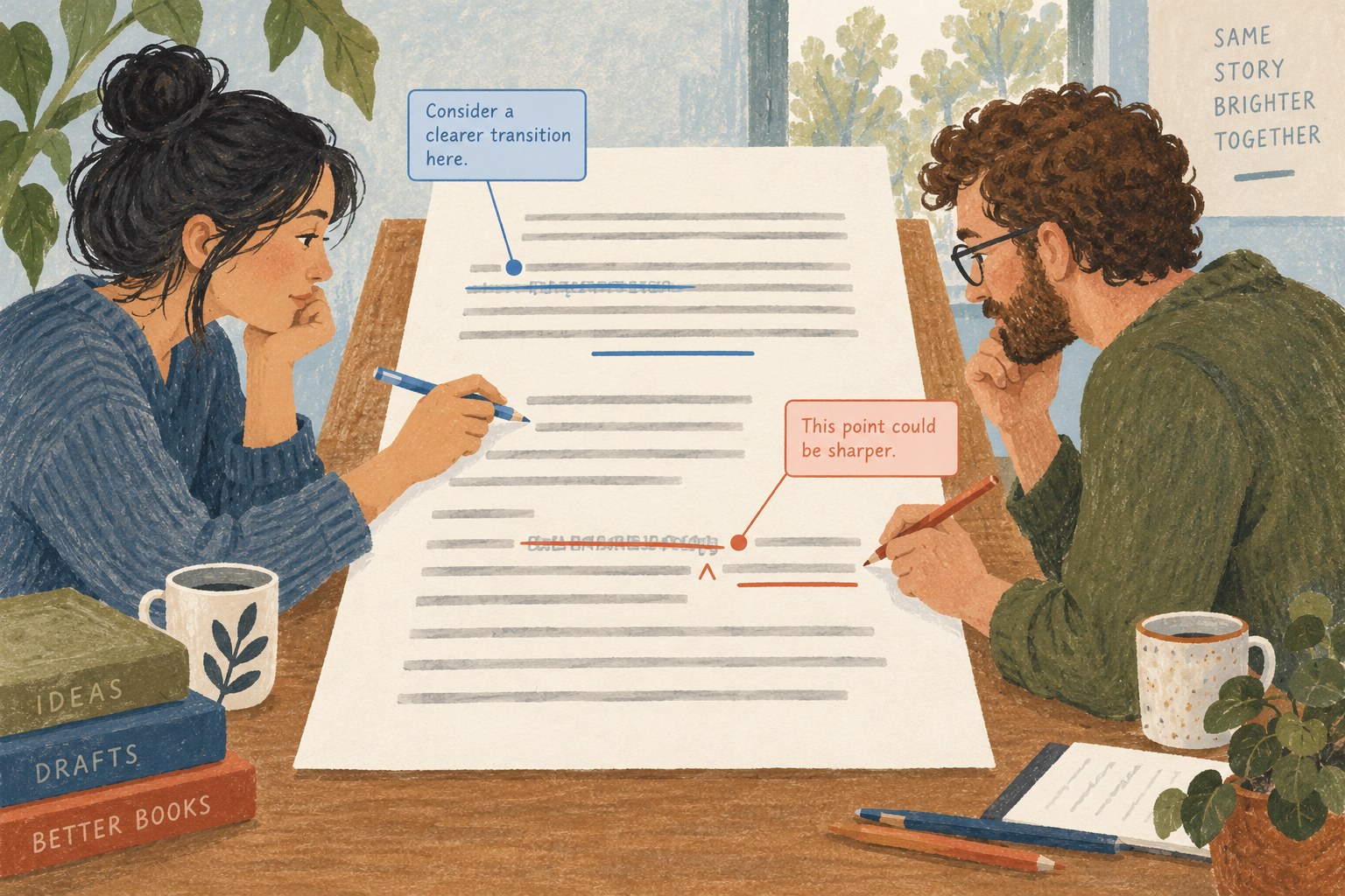 Illustration of collaborators making traceable suggestions on a shared draft.