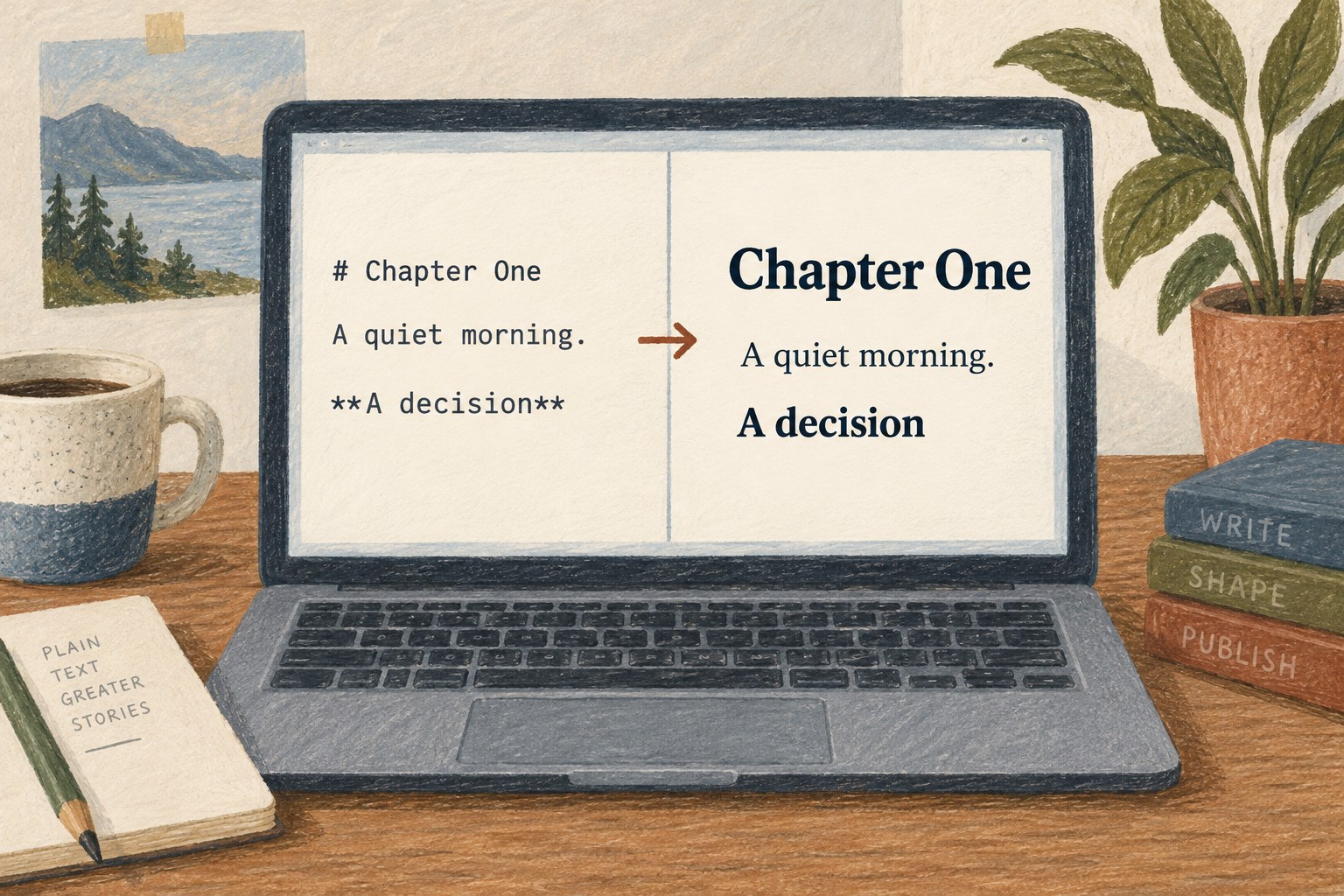 Illustration of a plain-text manuscript and its formatted reading view.