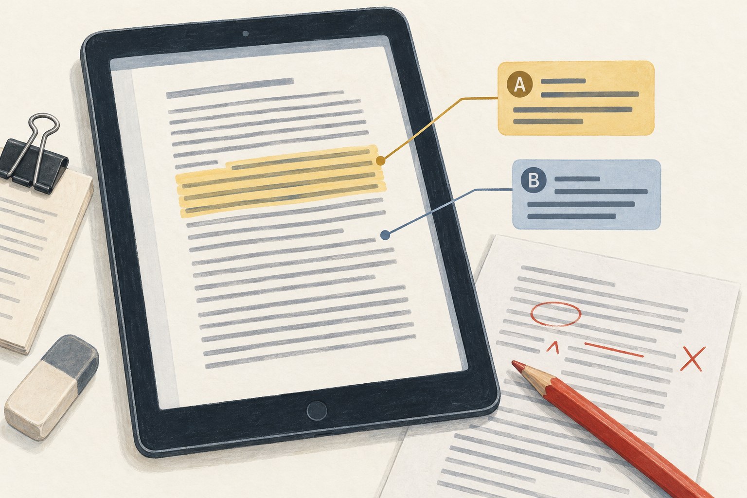 Illustration of anchored PDF comments beside a book proof.