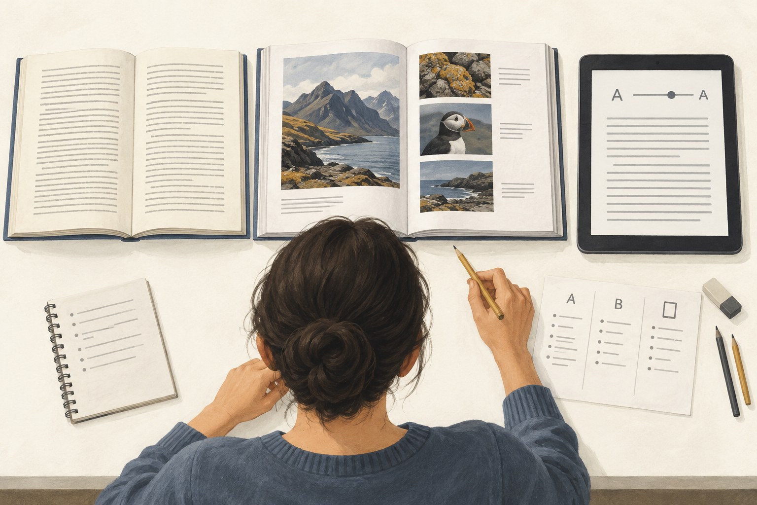 Illustration comparing book layout needs for prose, illustrated pages and ebooks.