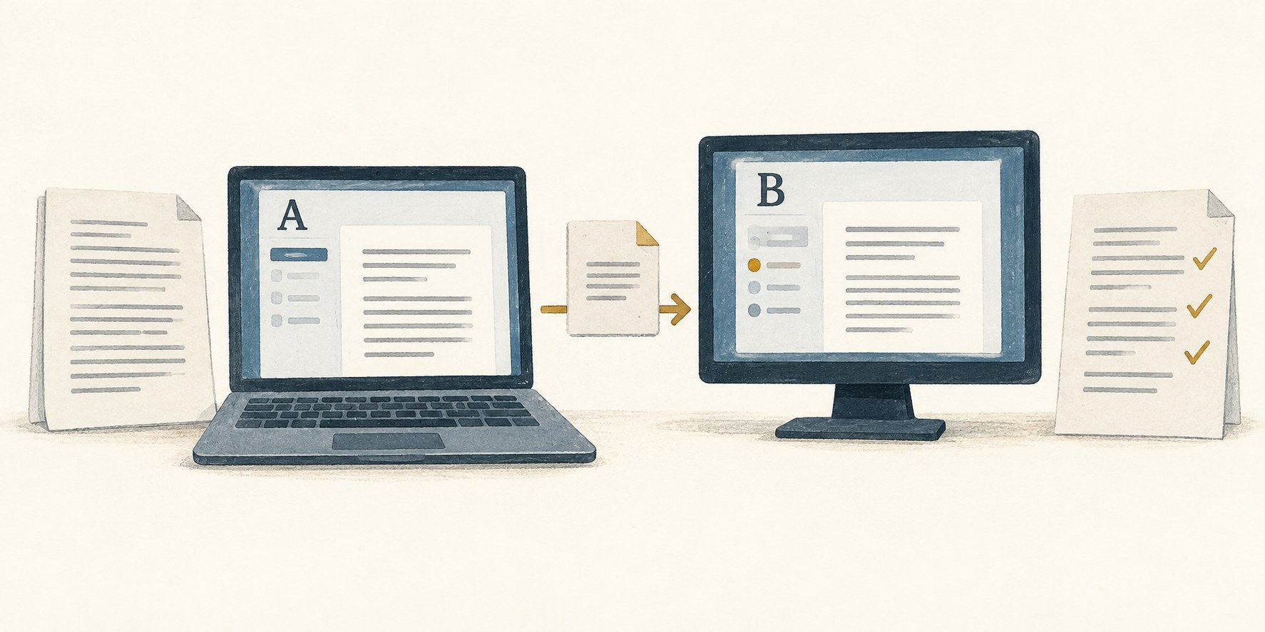 Illustration of a manuscript moving between tools with a checked export copy.